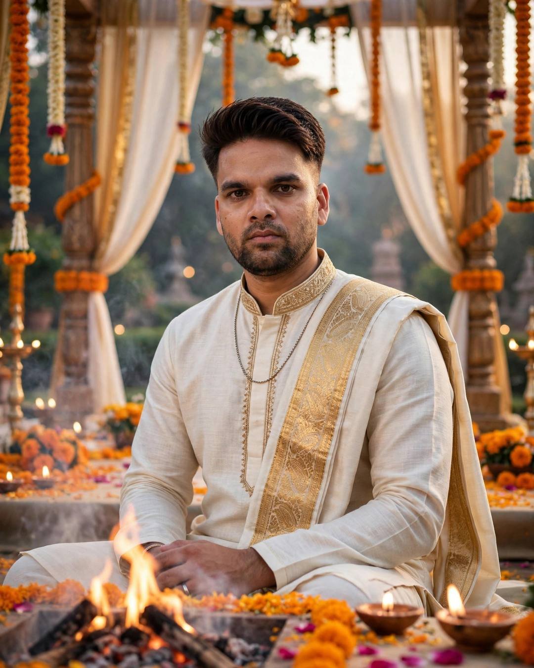 raj in an ivory dhoti-kurta with gold stole at a wedding mandap at dawn with sacred fire