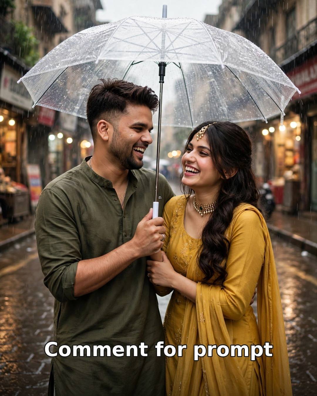 AI-generated romantic monsoon couple portrait with the AI prompt