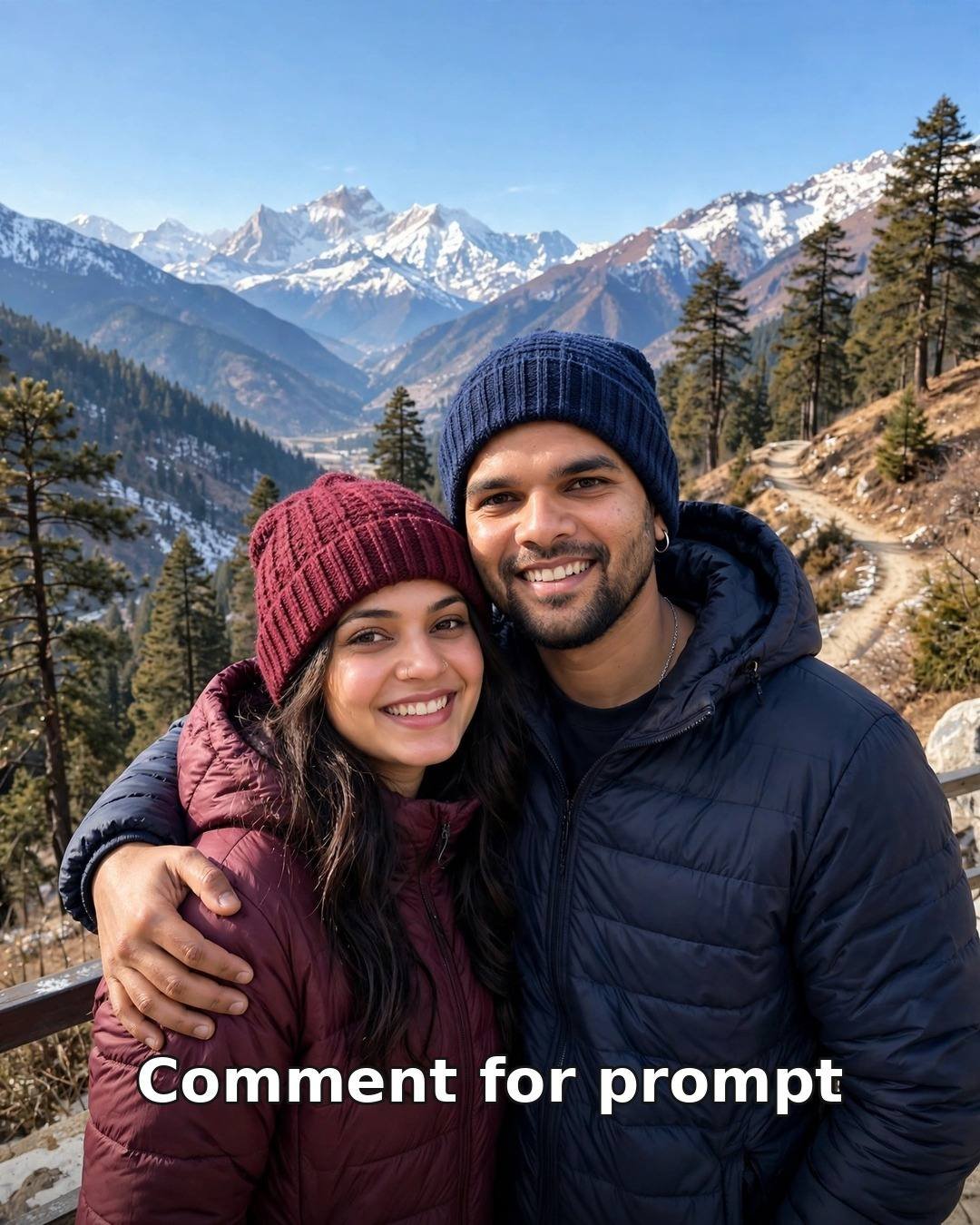 AI-generated mountain getaway couple portrait — man in navy puffer jacket with beanie, woman in burgundy puffer with woollen cap, Himalayan snow peaks behind