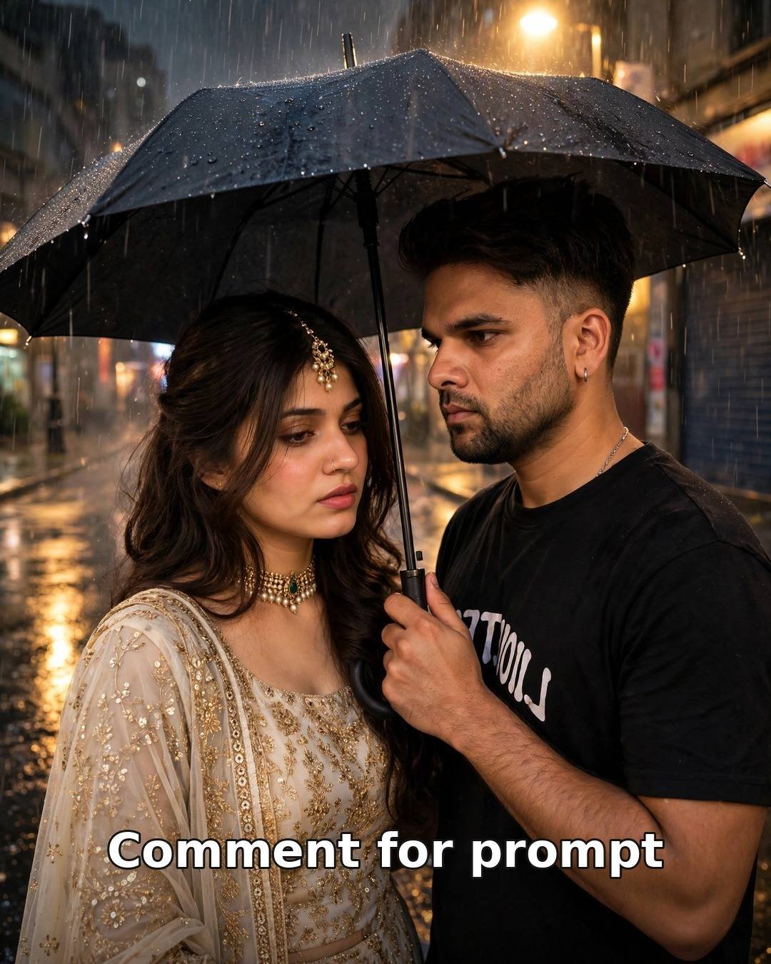 AI-generated umbrella night couple portrait — man holding black umbrella over woman in embroidered ethnic outfit, rainy street at night