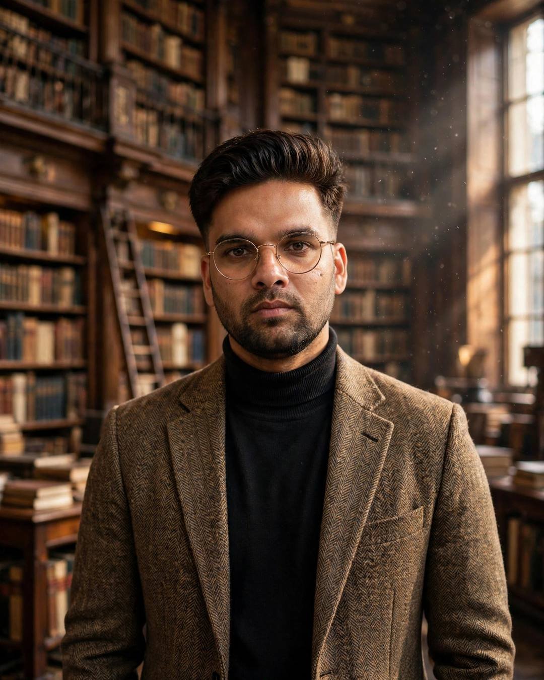 Man in a tweed blazer and round glasses standing in a grand old library with wooden bookshelves and window light