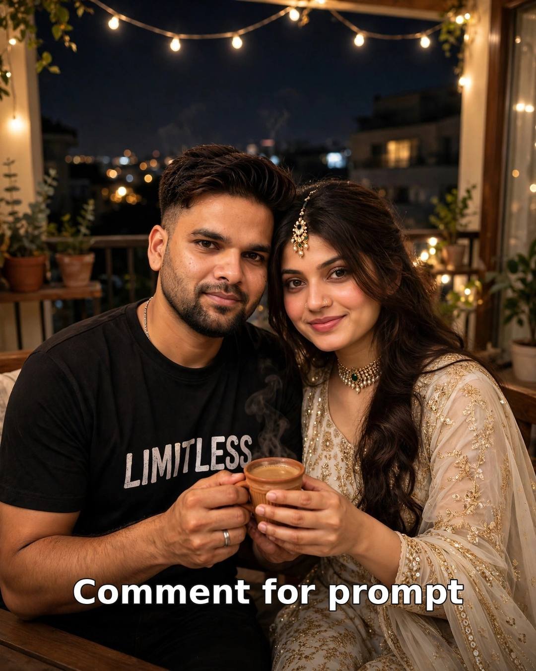 AI-generated balcony chai evening couple photo — couple sharing kulhad chai on a balcony under string lights with city lights bokeh