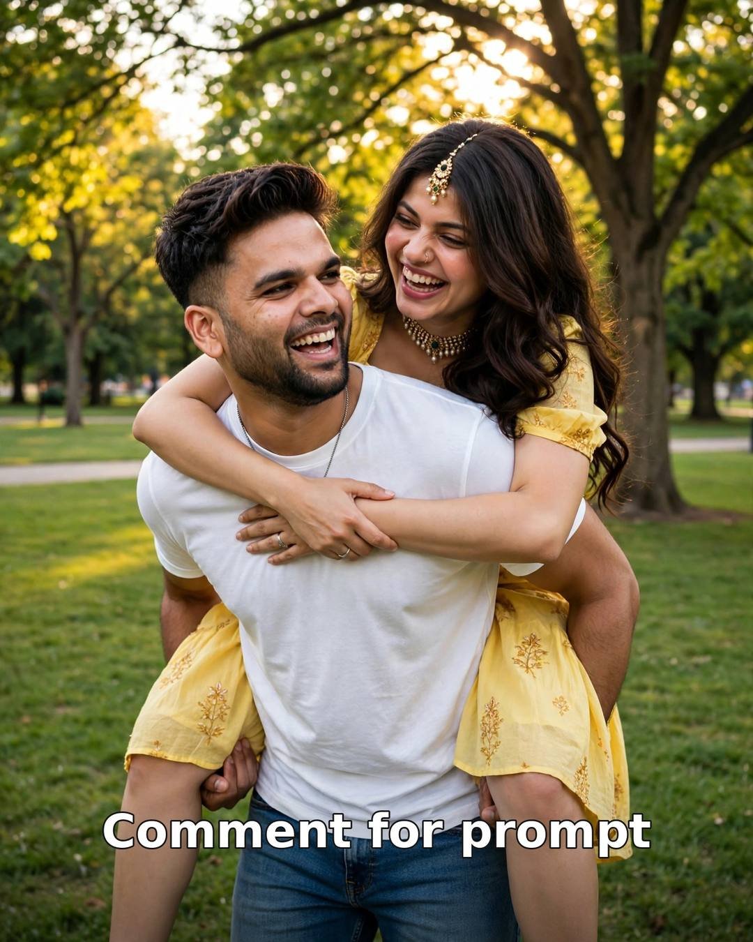 AI-generated piggyback park laugh couple photo — man giving woman a piggyback ride in a green park, both laughing