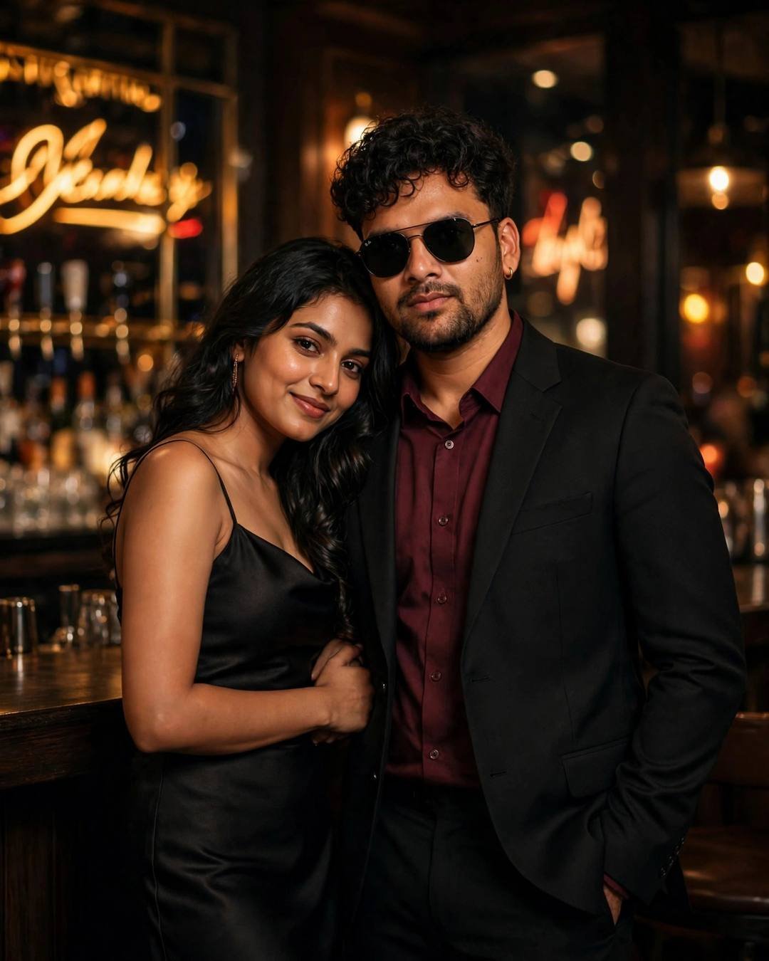 Couple in a moody neon-lit bar — woman in black satin dress leaning on the man's shoulder, he wears black suit, wine shirt and sunglasses