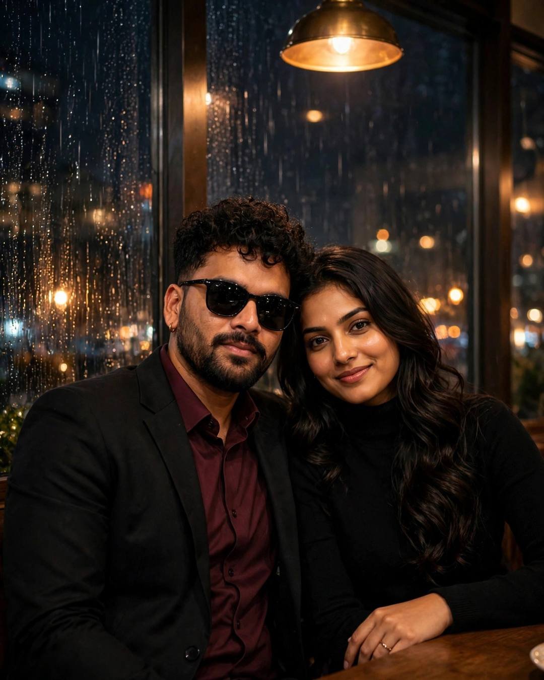 Couple seated close at a cafe table by a rain-streaked window at night — man in black suit, wine shirt and sunglasses beside a woman in black turtleneck, city lights bokeh through glass