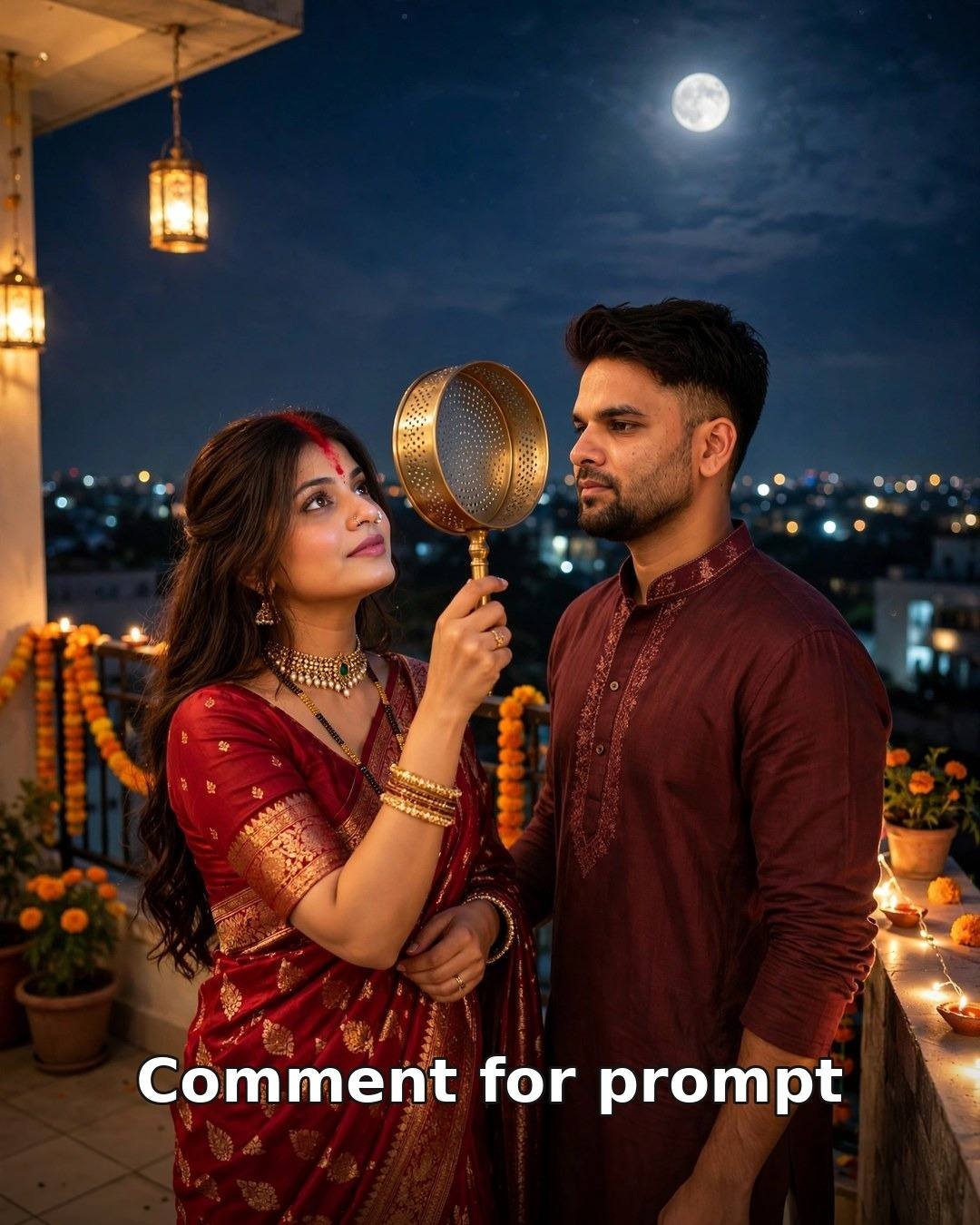 AI-generated Karva Chauth couple portrait — woman in red saree viewing the moon through a sieve, man in maroon kurta on a moonlit terrace