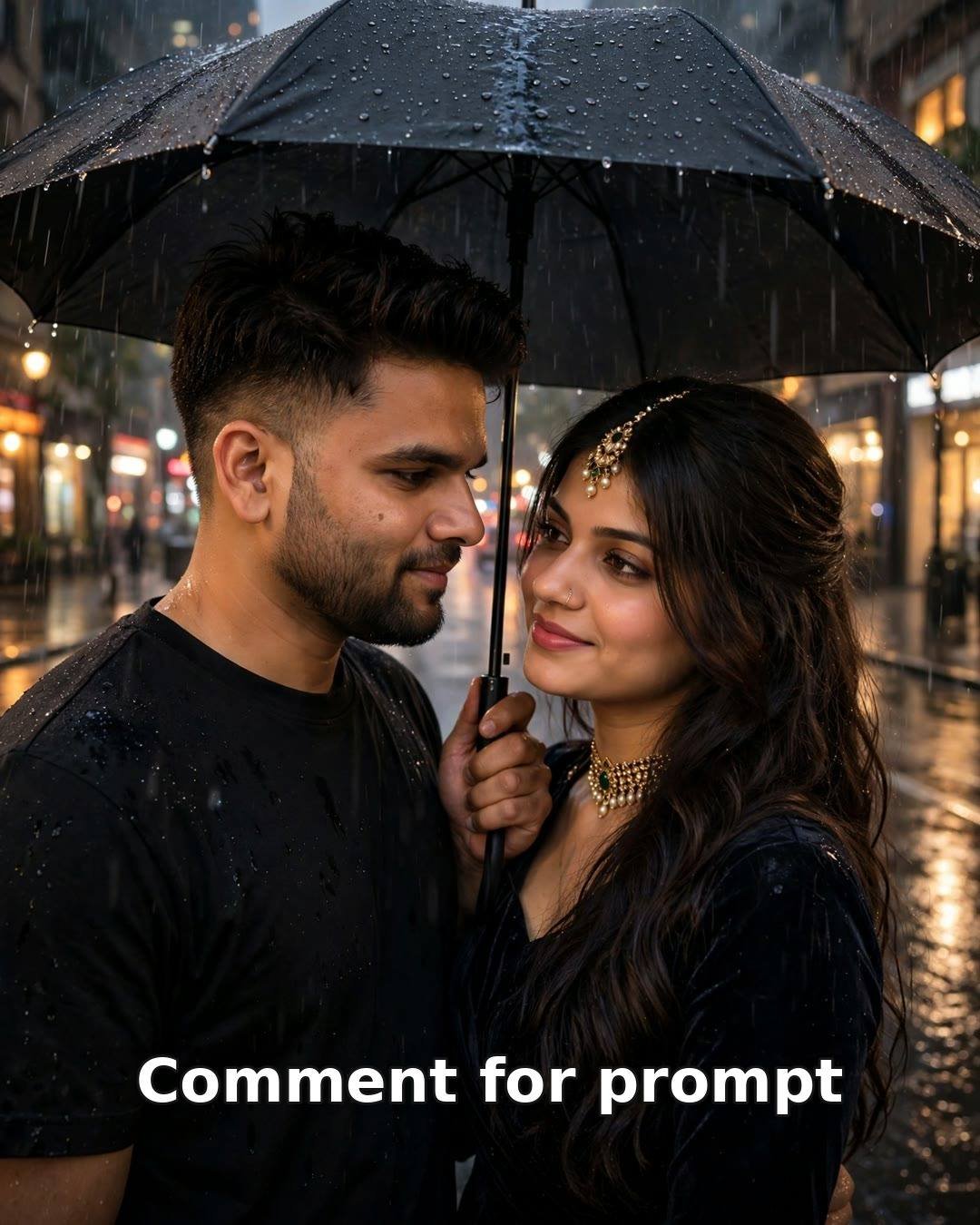 AI-generated rainy night couple portrait — couple sharing one black umbrella, warm city lights bokeh, wet street reflections