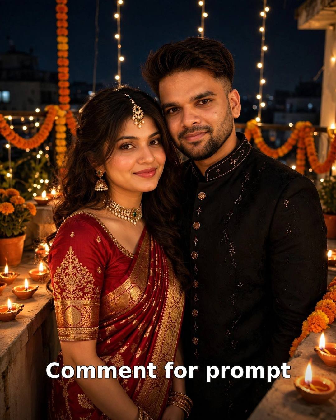 AI-generated royal Diwali couple portrait — woman in red gold saree, man in black sherwani on diya-lit terrace with marigold