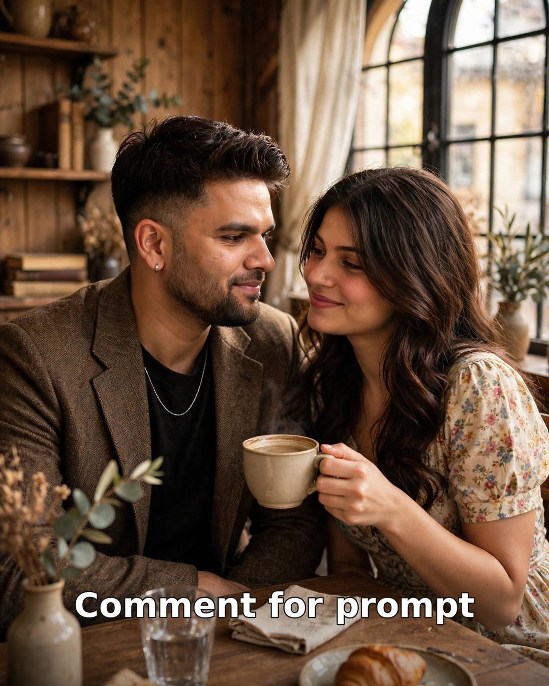 AI-generated vintage cafe date photo — couple with coffee cups in European-style vintage cafe