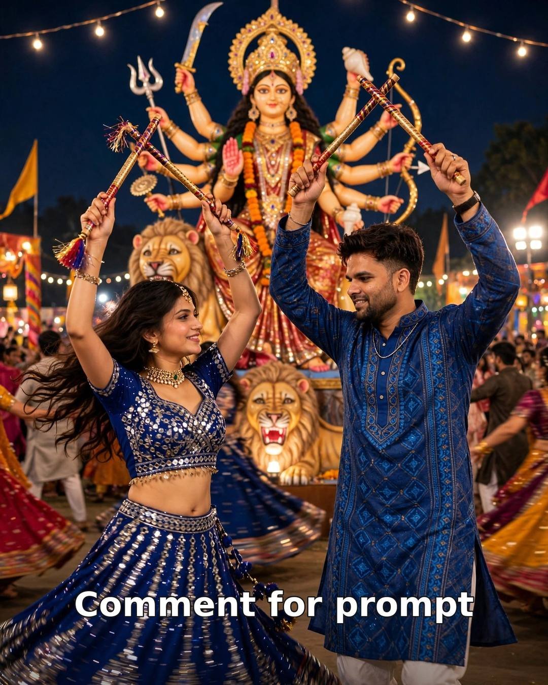 AI couple photo Navratri Garba night — couple dancing with dandiya sticks before a floodlit Ma Durga idol in blue traditional outfits