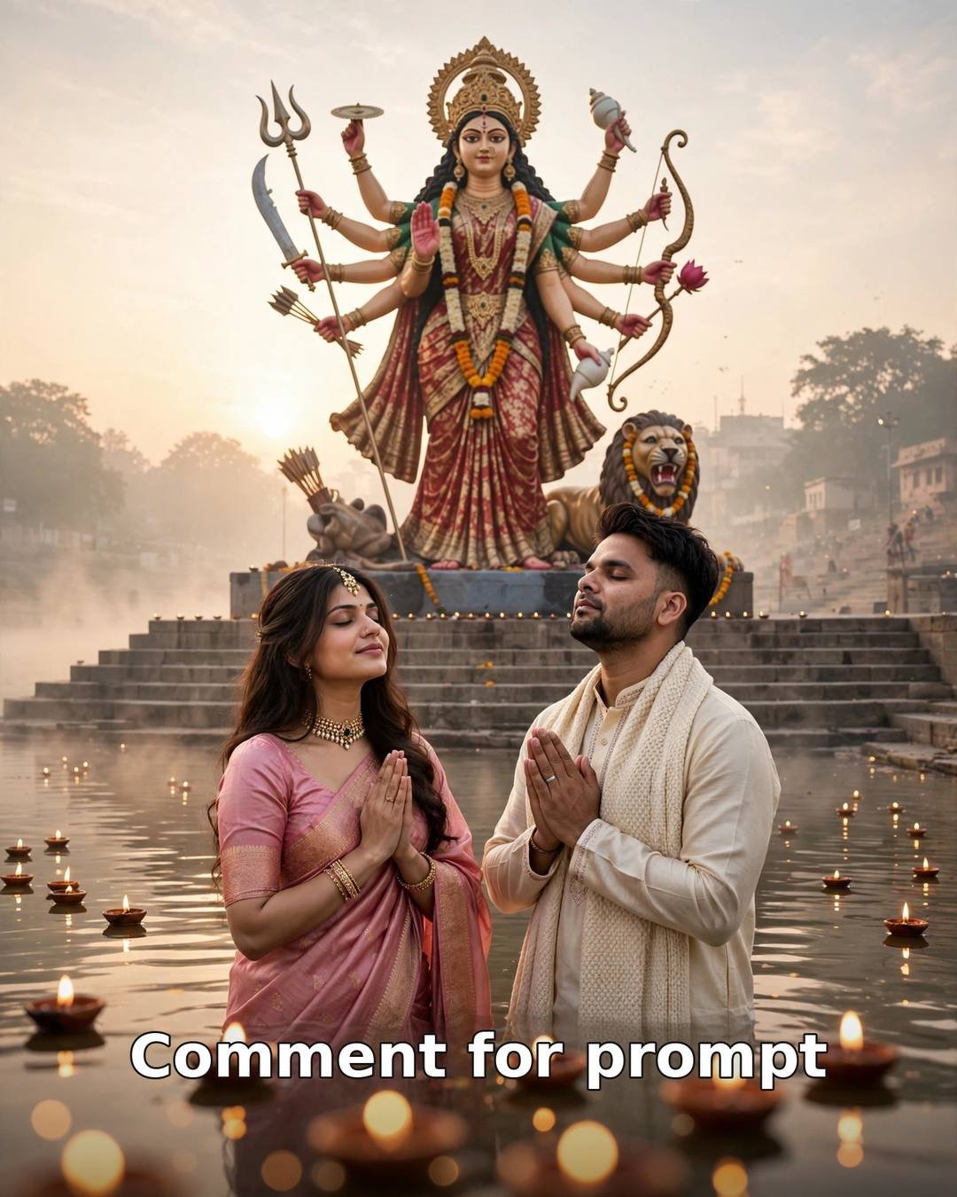 AI-generated Navratri couple photo — dawn prayers before a large Ma Durga idol at an Indian river ghat, pink saree and cream kurta