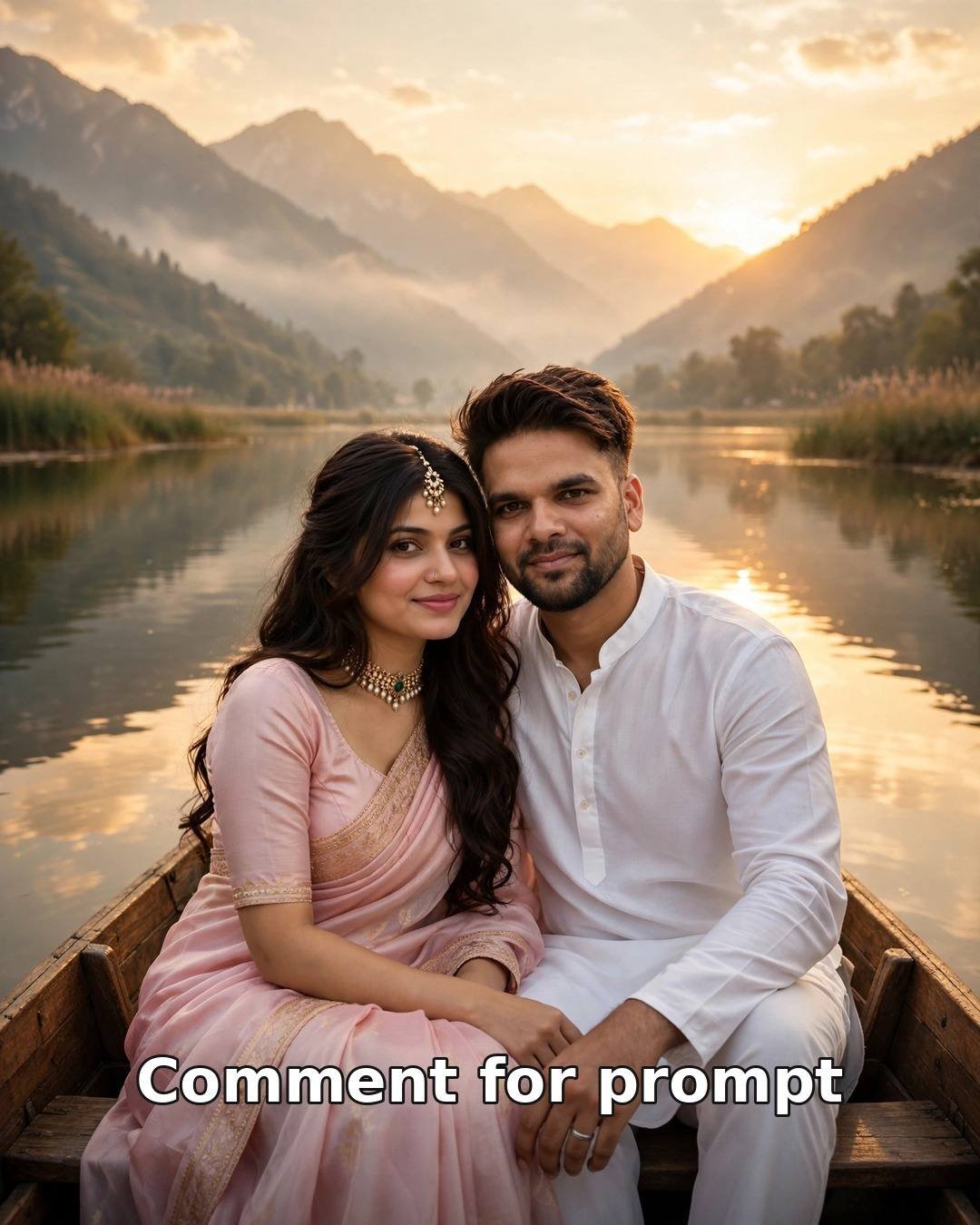 Golden hour AI couple photo — romantic boat ride on a calm mountain lake, woman in pastel pink saree and man in white kurta with sunset reflections on the water
