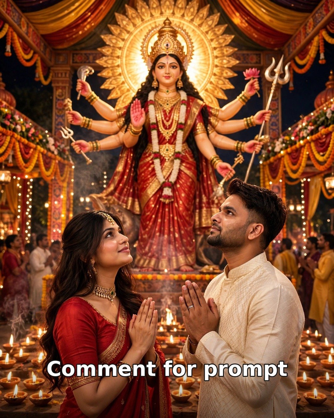 Navratri 2026 AI couple photo — couple with folded hands in namaskar before a grand Maa Durga idol in a decorated pandal at a night jagran, rows of lit diyas, her red saree and his cream kurta