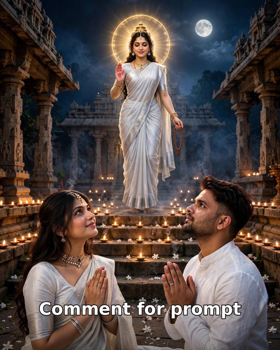 AI-generated Navratri Day 2 couple portrait — man in white kurta and woman in white silk saree with silver zari, hands folded before a large blessing Maa Brahmacharini in a moonlit temple courtyard