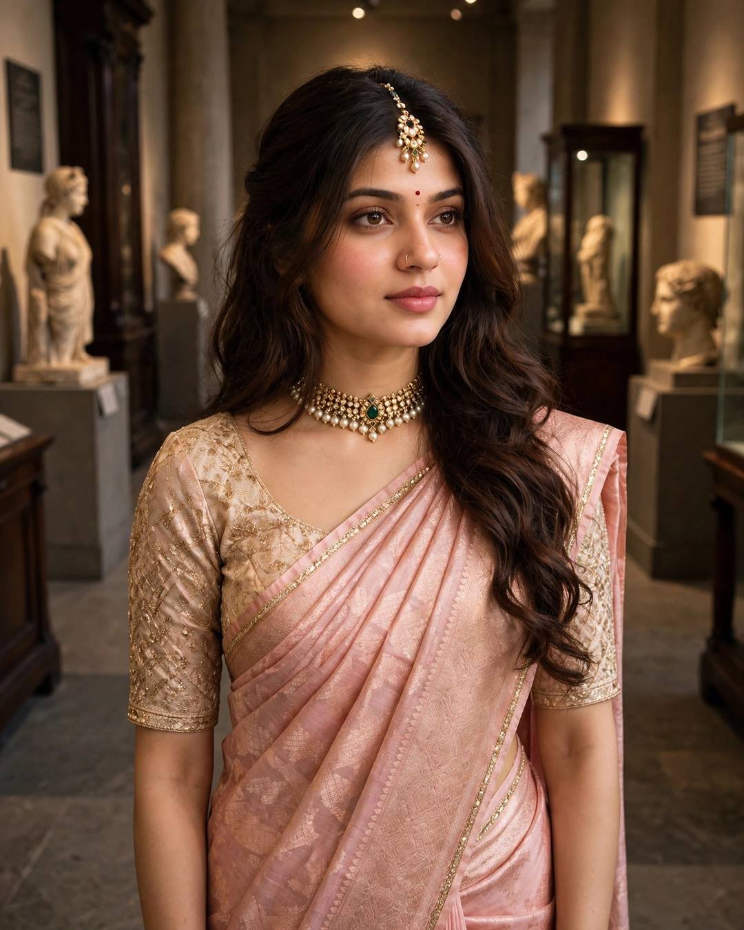 Young woman in a blush chanderi saree with a gold border in a museum corridor with ancient sculptures