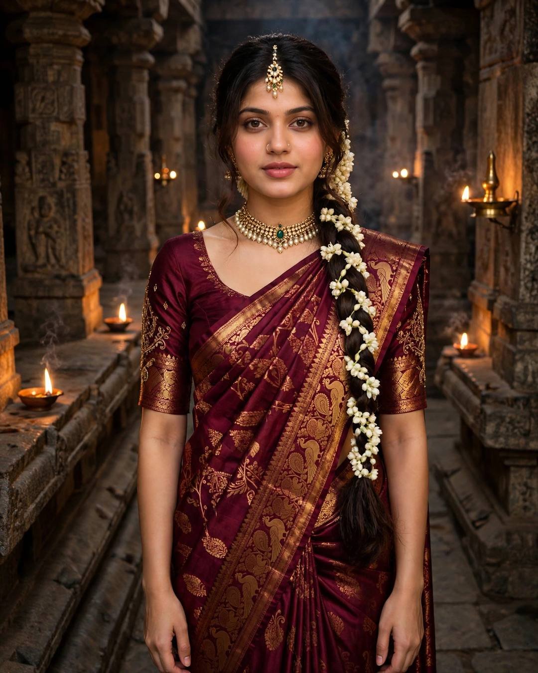 Young woman in a deep-maroon Kanjeevaram silk saree with gold zari standing in an ancient temple corridor lit by oil lamps