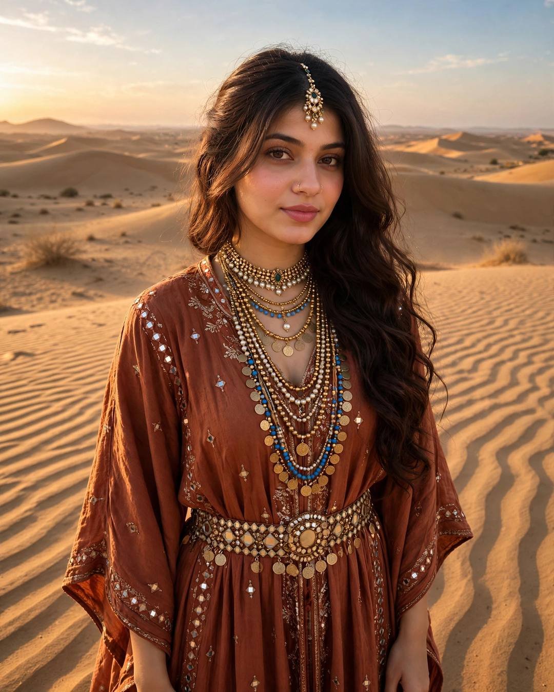 Young woman in a rust kaftan with mirror-work belt and layered necklaces standing on Jaisalmer sand dunes at sunset