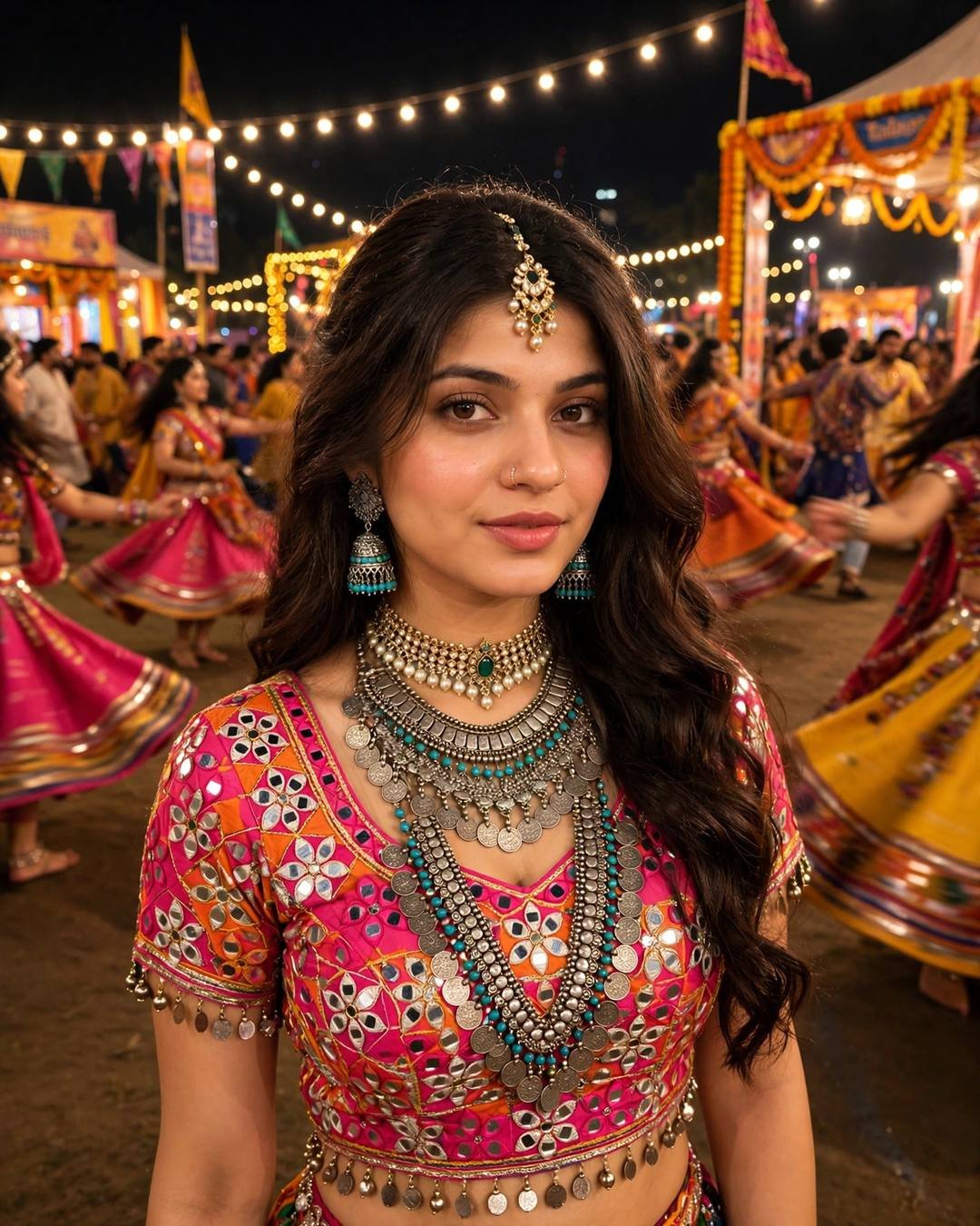 Young woman in a pink and orange mirror-work chaniya choli with oxidised jewellery at a Navratri garba celebration at night