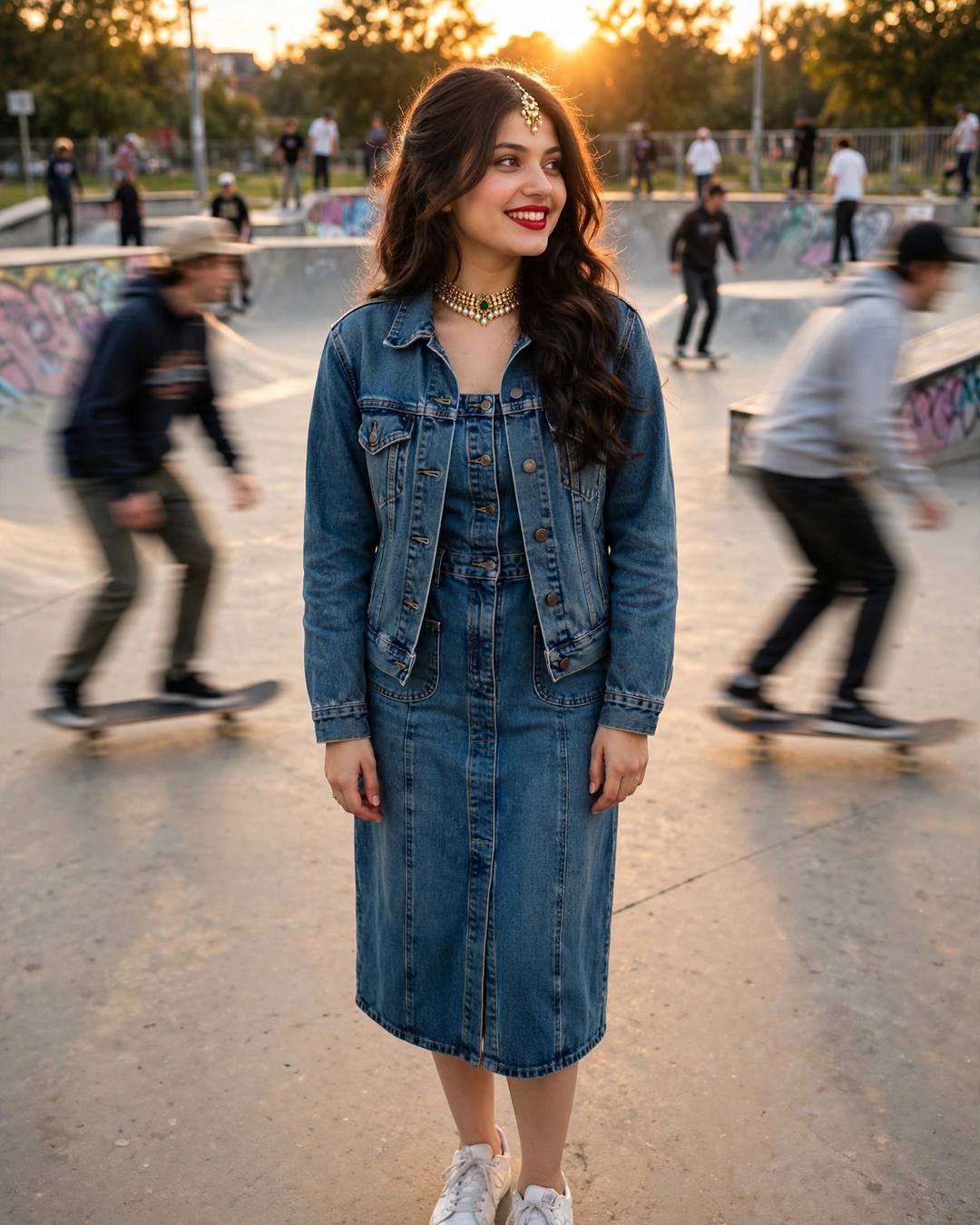 Young woman in a denim jacket over a denim midi dress with white sneakers at a skate park during golden hour
