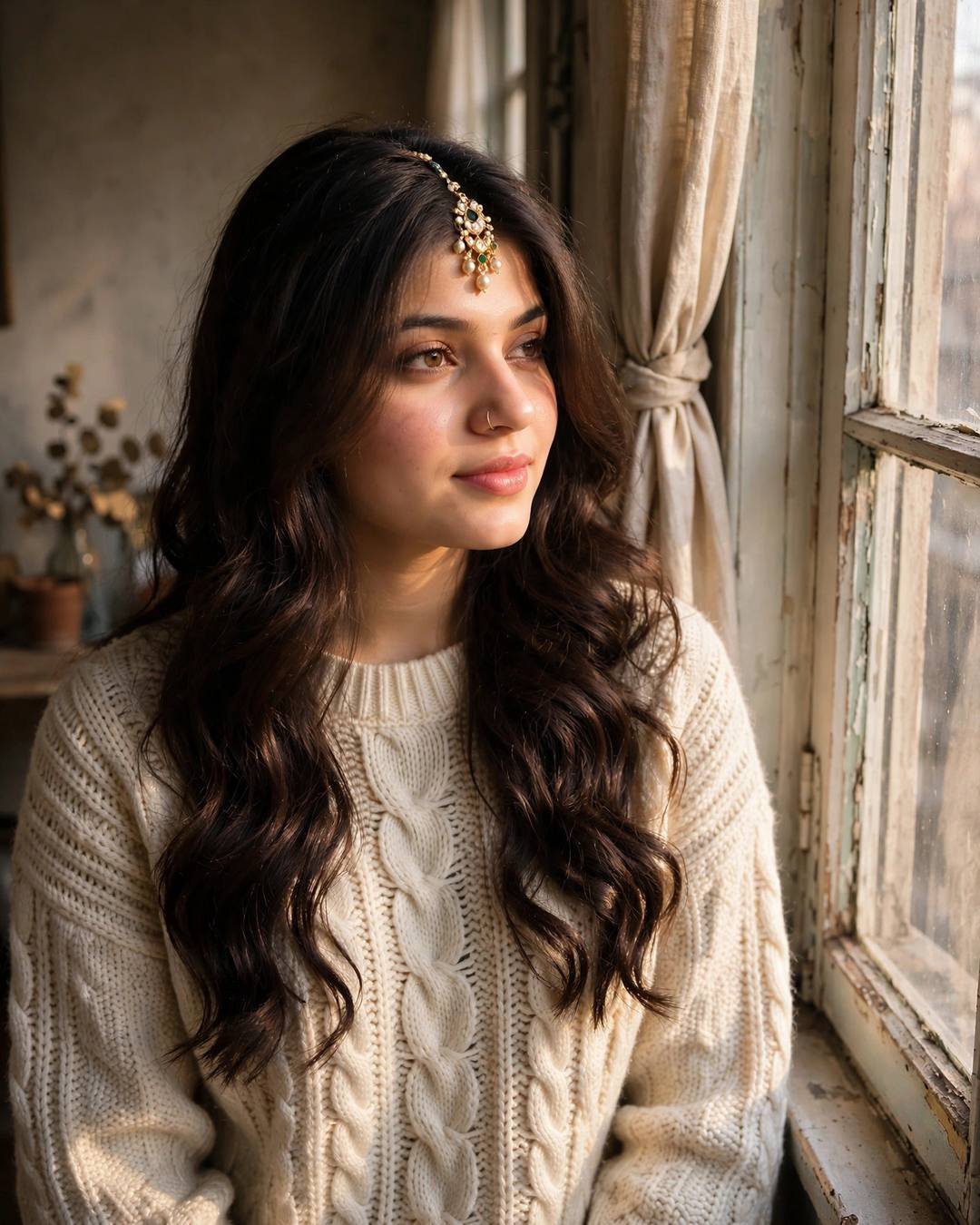 Young woman in a cream knit sweater with soft waves sitting by an old apartment window in gentle daylight