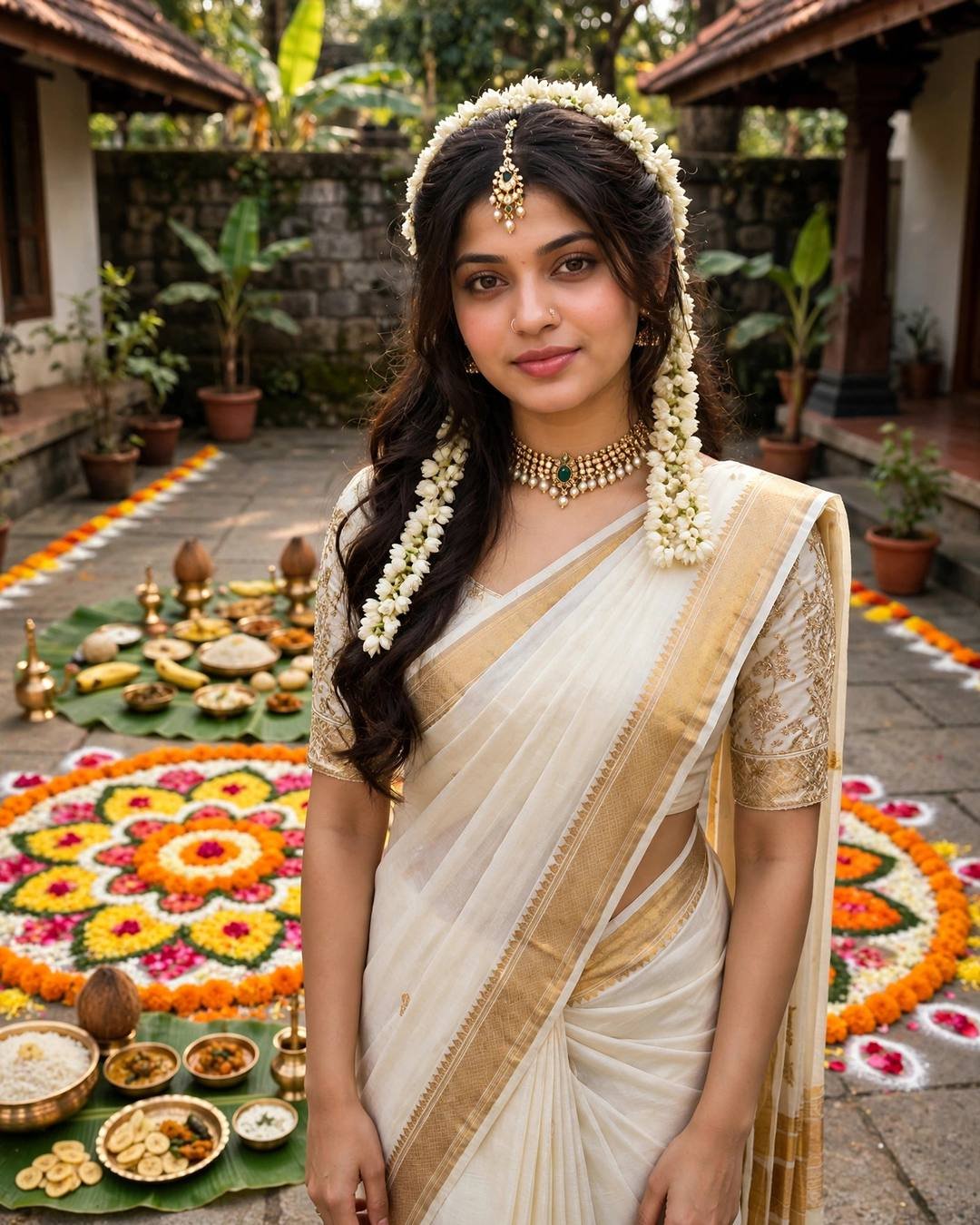 Young woman in off-white kasavu saree with jasmine gajra standing by a pookalam flower rangoli and Onam feast