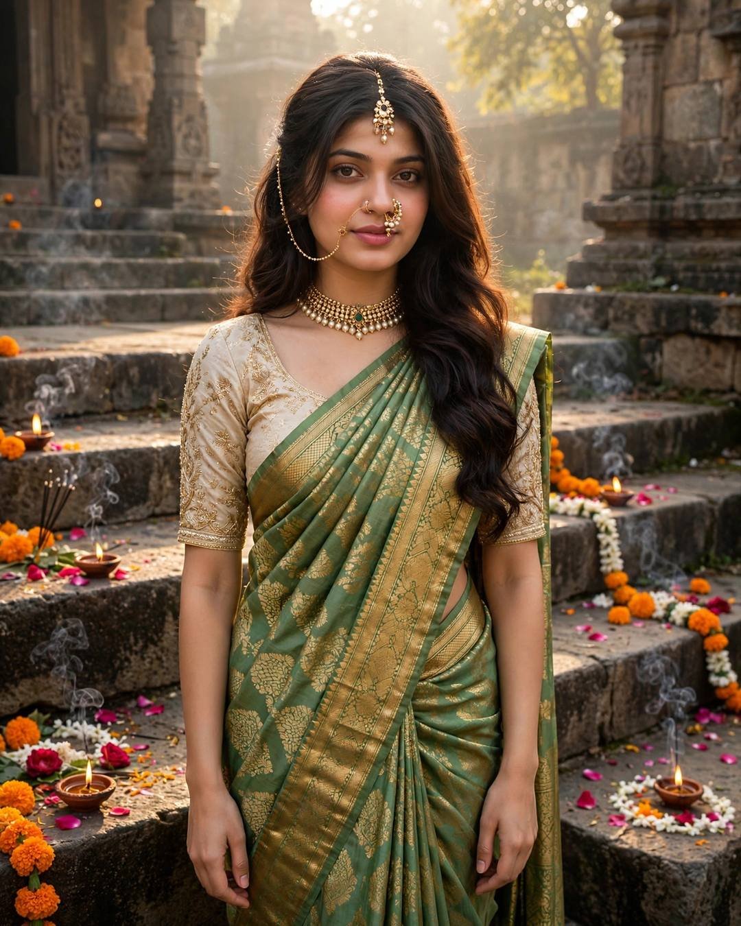 Young woman in green and gold nauvari saree with nath nose ring on ancient temple steps with diyas and marigold offerings