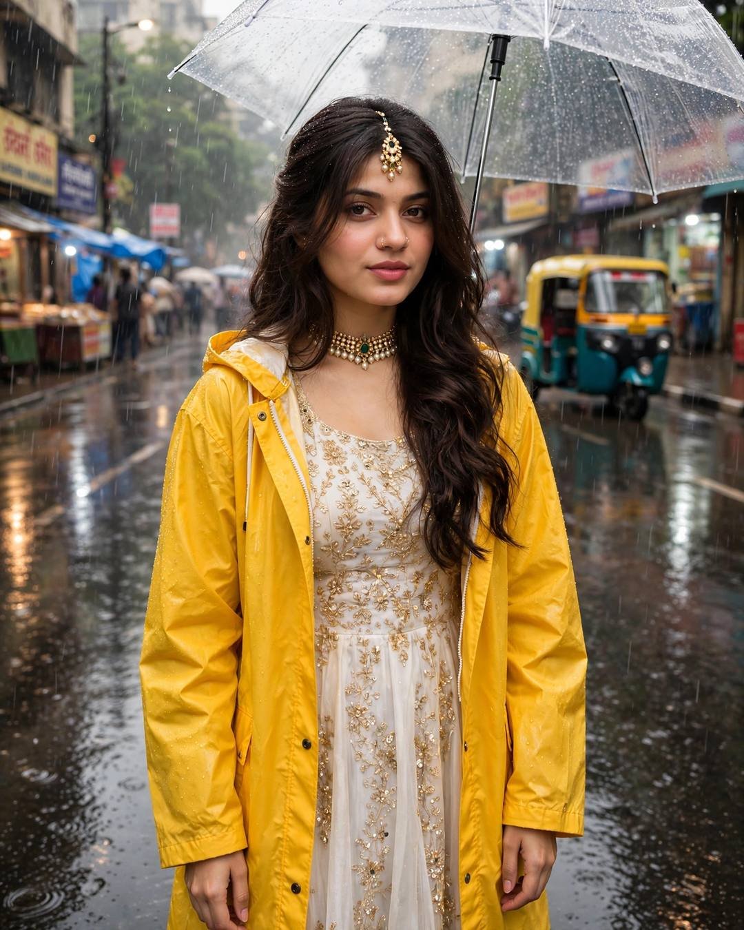 Young woman in a bright yellow raincoat over a white dress, holding a transparent umbrella on a rain-soaked Mumbai street