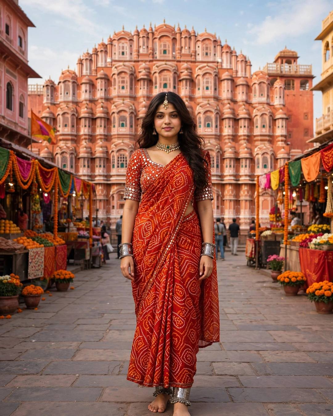 Young woman in an orange-red bandhej saree with mirror-work blouse standing before Jaipur's Hawa Mahal
