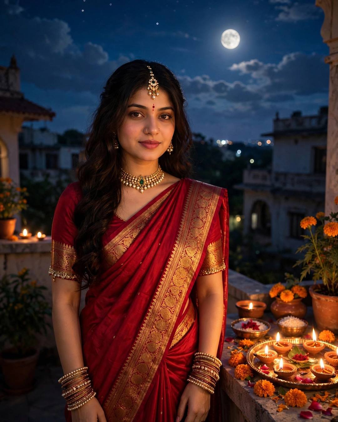 Young woman in red saree with gold border holding Karwa Chauth thali on a moonlit terrace at night
