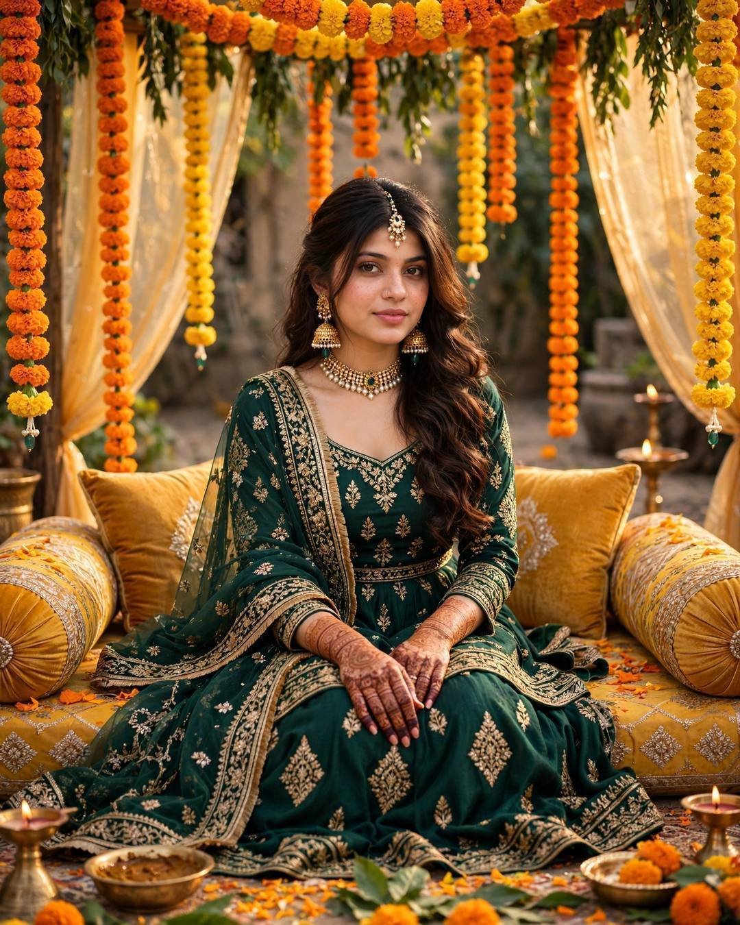 Young woman in emerald-green sharara with henna hands and jhumkas seated under a marigold canopy at a mehendi ceremony