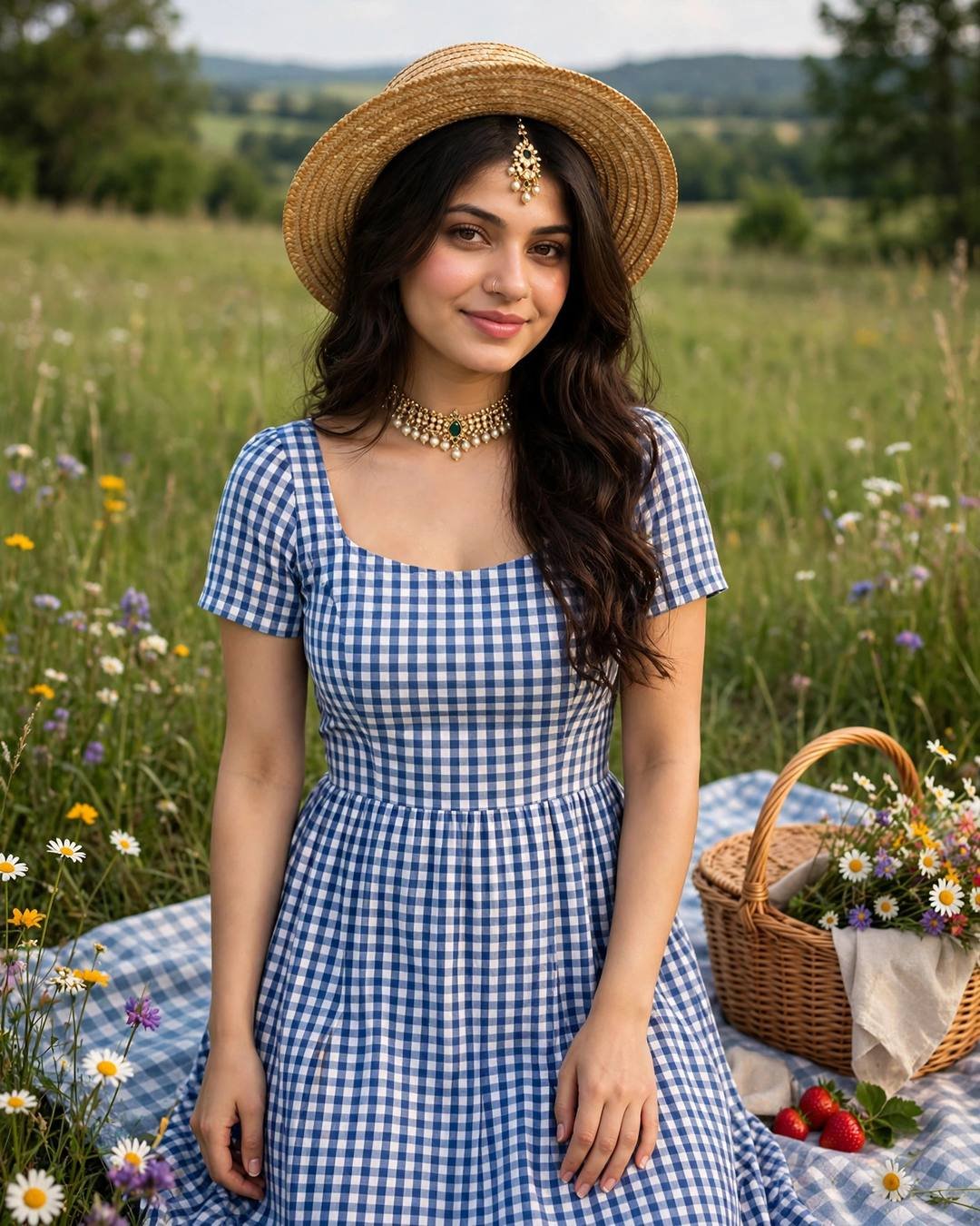 Young woman in blue gingham sundress and straw hat at a meadow picnic with wildflowers
