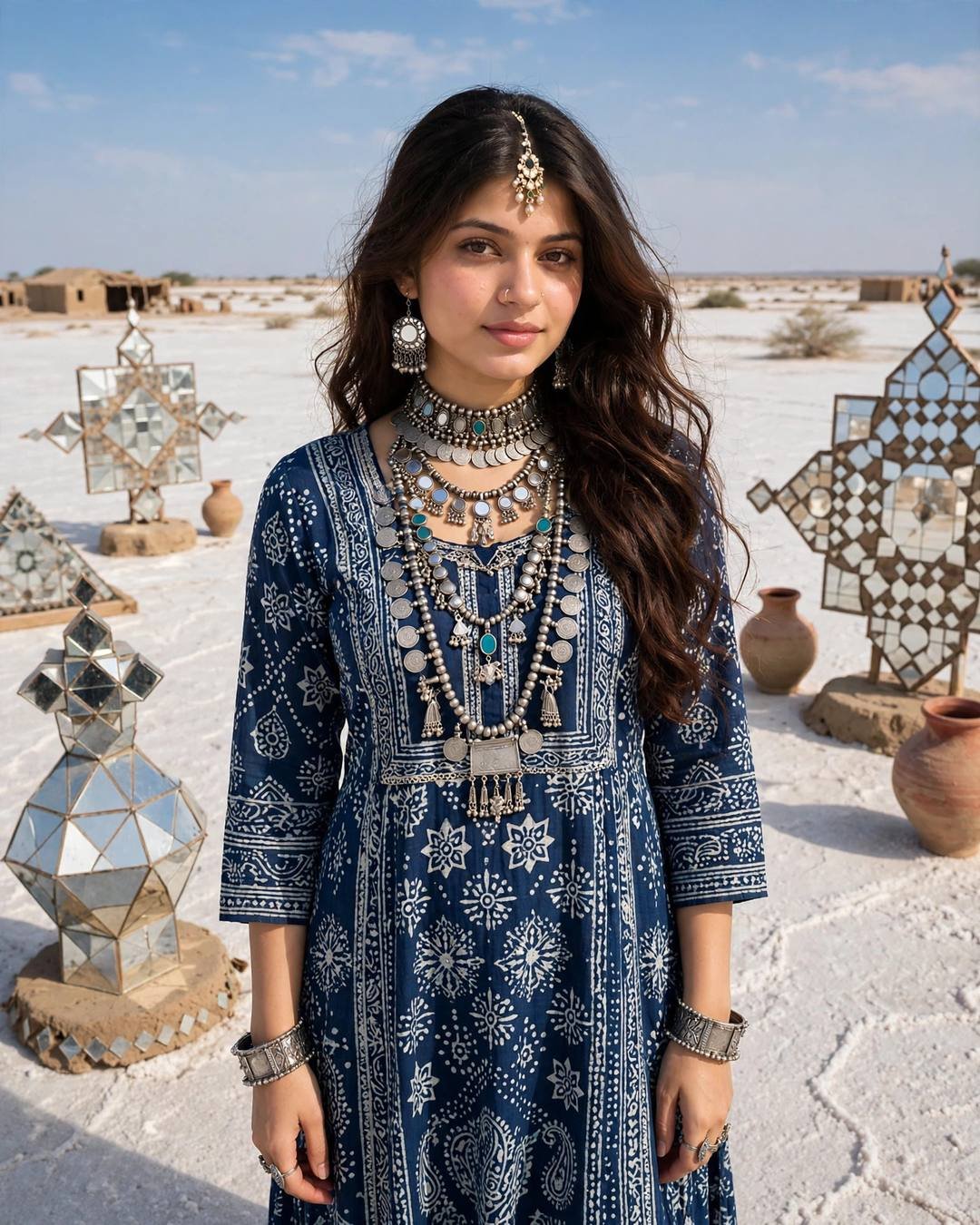 Young woman in indigo ajrakh dress with silver tribal jewellery in the Kutch white desert