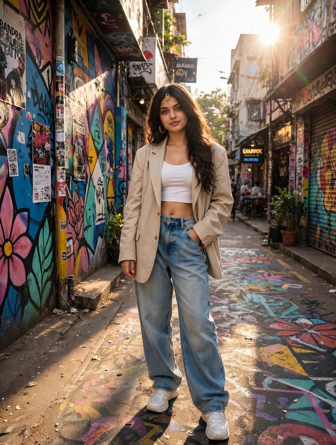 Young woman in oversized beige blazer and baggy jeans standing in a colourful graffiti lane in Bandra, Mumbai