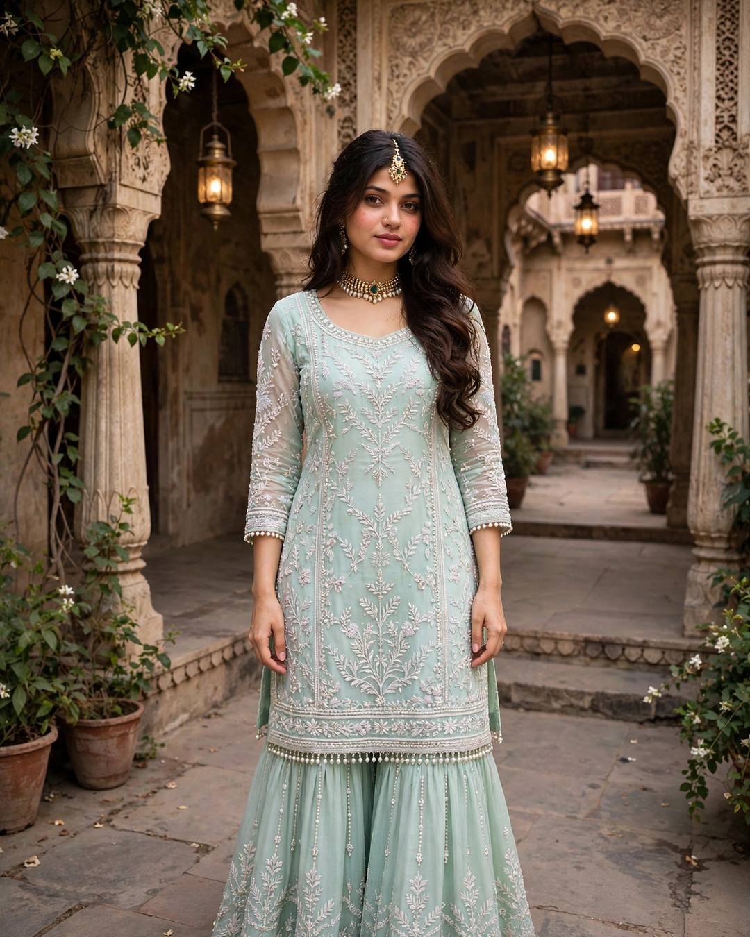Young woman in pastel-mint Lucknowi chikan sharara in an old haveli courtyard with arches and hanging lamps