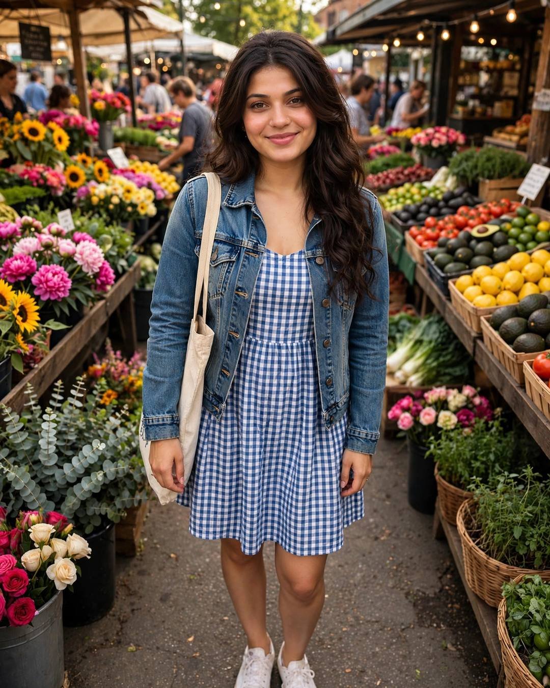 Smiling woman in gingham sundress and denim jacket with canvas tote at a colourful farmers market