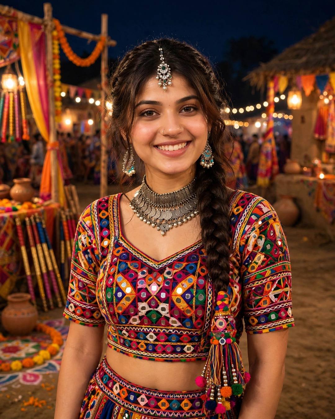 Young woman in multicolour mirror-work chaniya choli with oxidised jewellery dancing garba at night on a lantern-lit ground