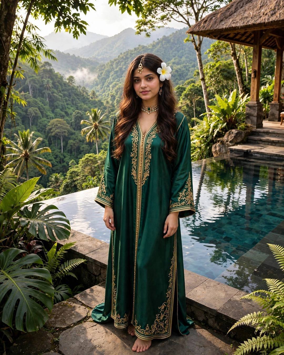 Young woman in an emerald silk caftan with gold embroidery and a frangipani in her hair, barefoot at a Bali jungle villa infinity pool at dawn