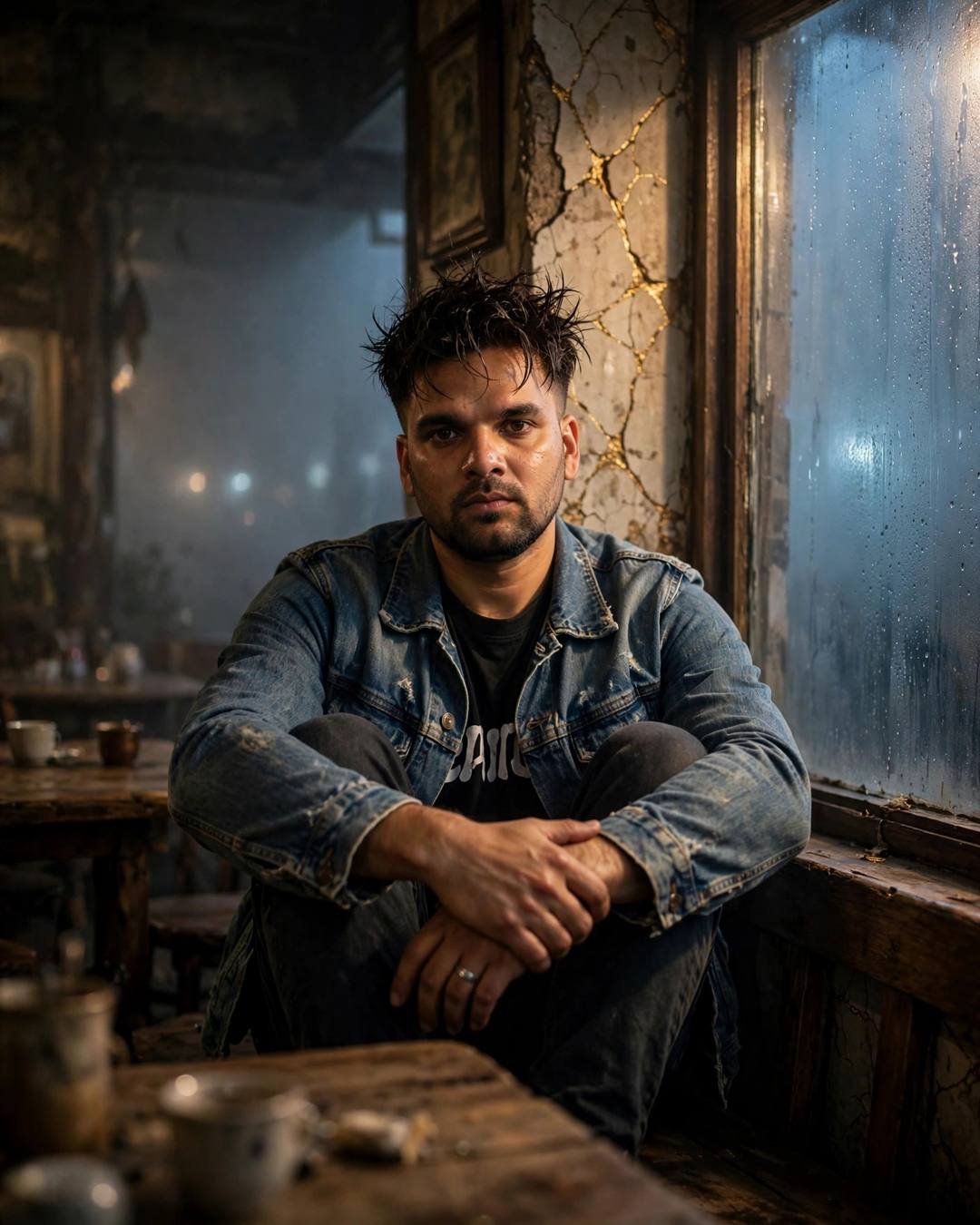 Young man in distressed denim jacket sitting knees-up by a fogged cafe window at midnight, gold-filled cracks in the wall