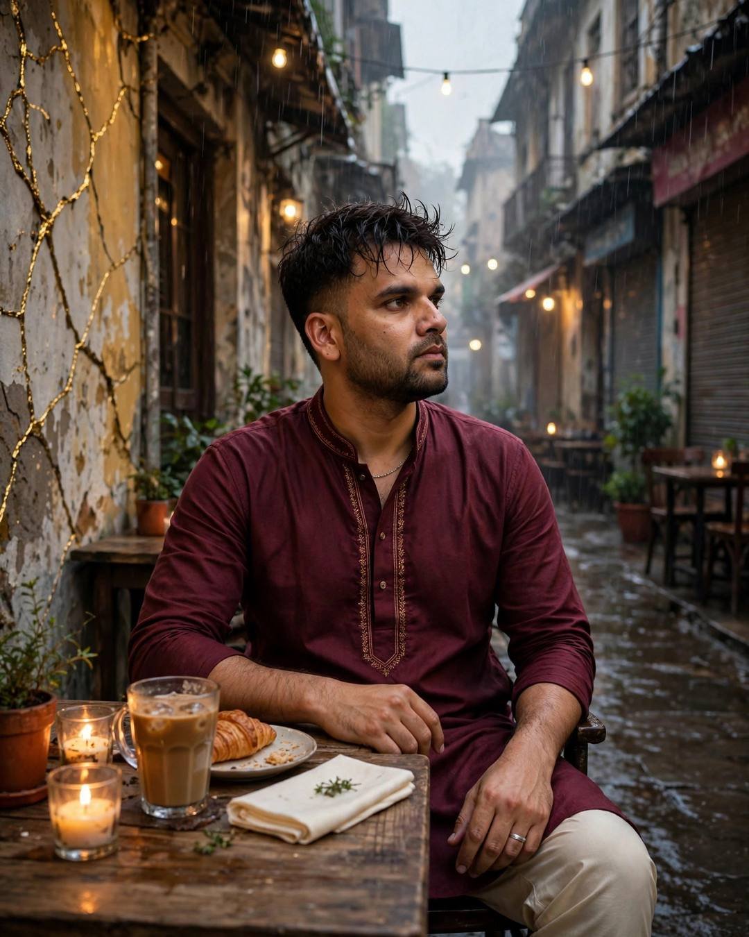 Young man in maroon kurta sitting at a cafe table in a rainy narrow old-city lane at dawn, cold coffee and candles