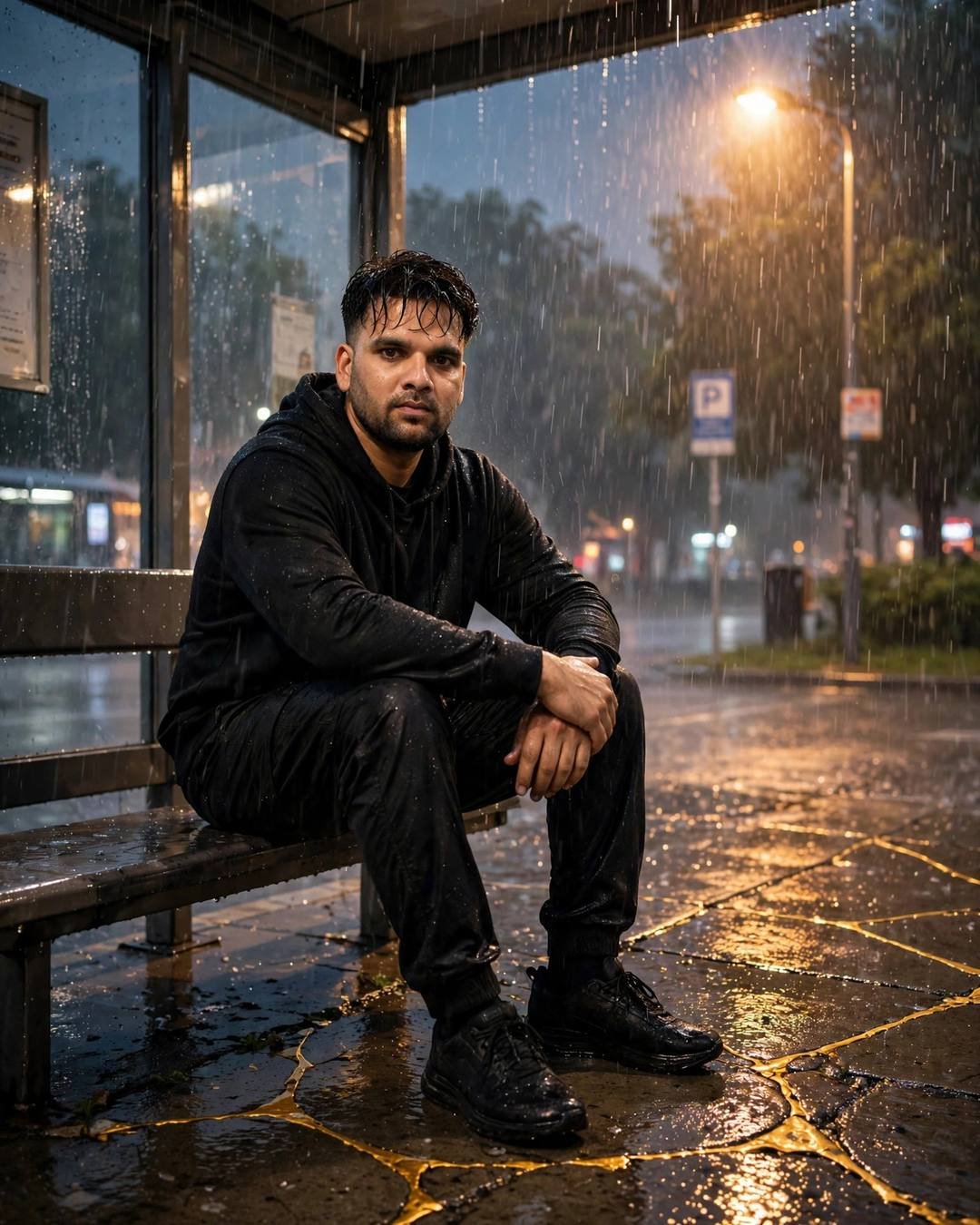 Young man in all-black streetwear sitting at a bus stop in heavy rain at night, sodium lamplight, gold-filled pavement cracks