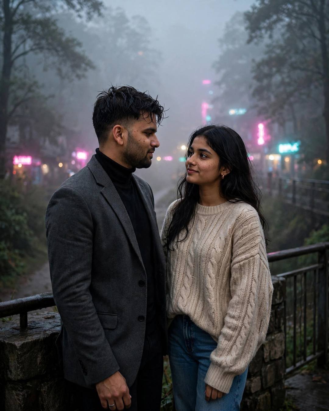 Young Indian couple standing on a foggy bridge, looking at each other, the city blurring in neon pink and cyan behind