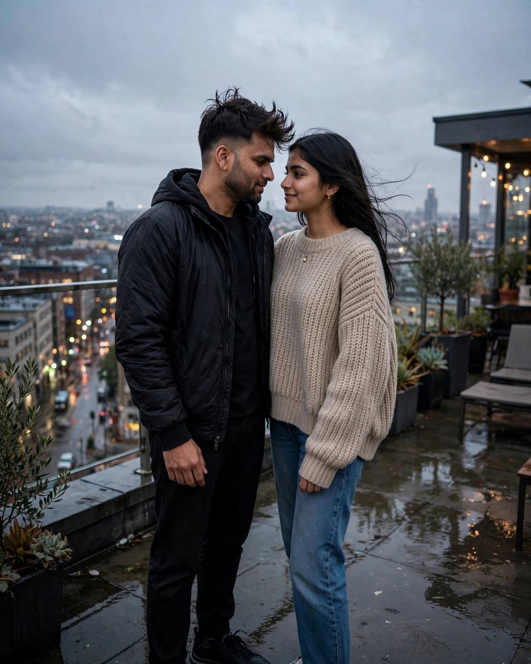 Young Indian couple standing face to face on a wet rooftop, foreheads almost touching, the sleeping city below