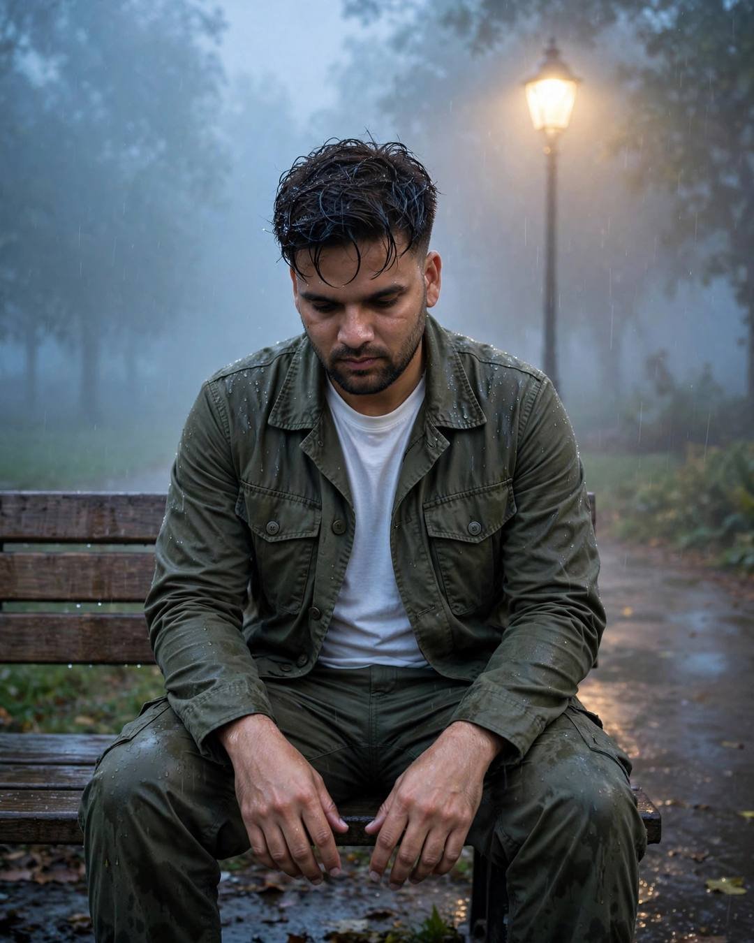 Young Indian man in an olive field jacket sitting on a foggy park bench at dawn under a lone glowing lamp, rain-wet hair