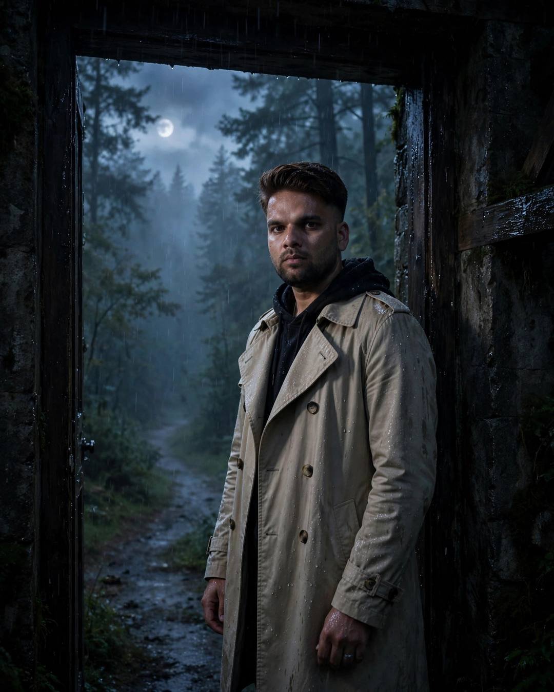 Young Indian man in a beige trench coat standing in a stone doorway on a misty forest path at moonlit blue hour, drizzle falling