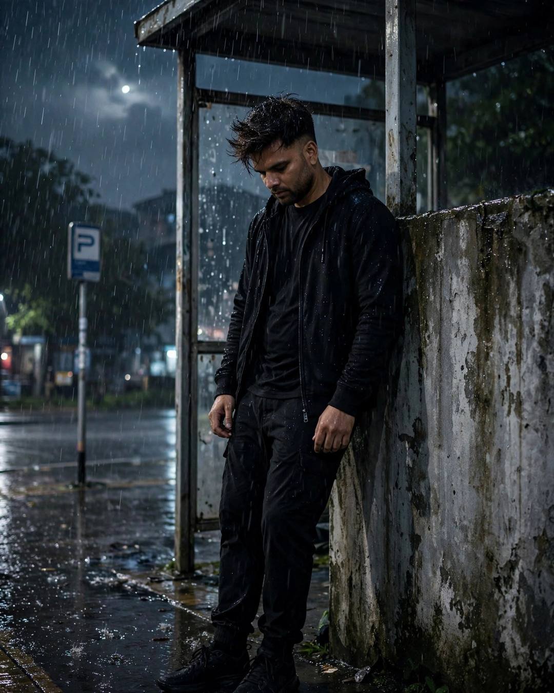 Young Indian man in all-black streetwear leaning against a weathered wall at a bus stop in heavy monsoon rain at midnight, moonlight breaking through clouds