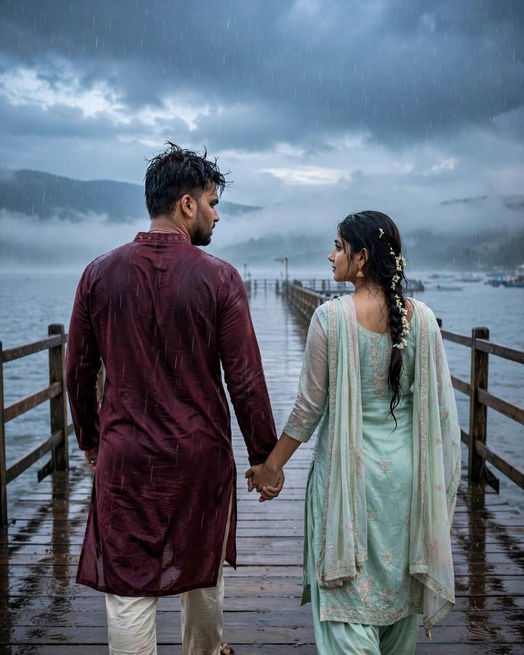 Couple walking hand in hand away on a wooden pier over a misty lake in monsoon rain