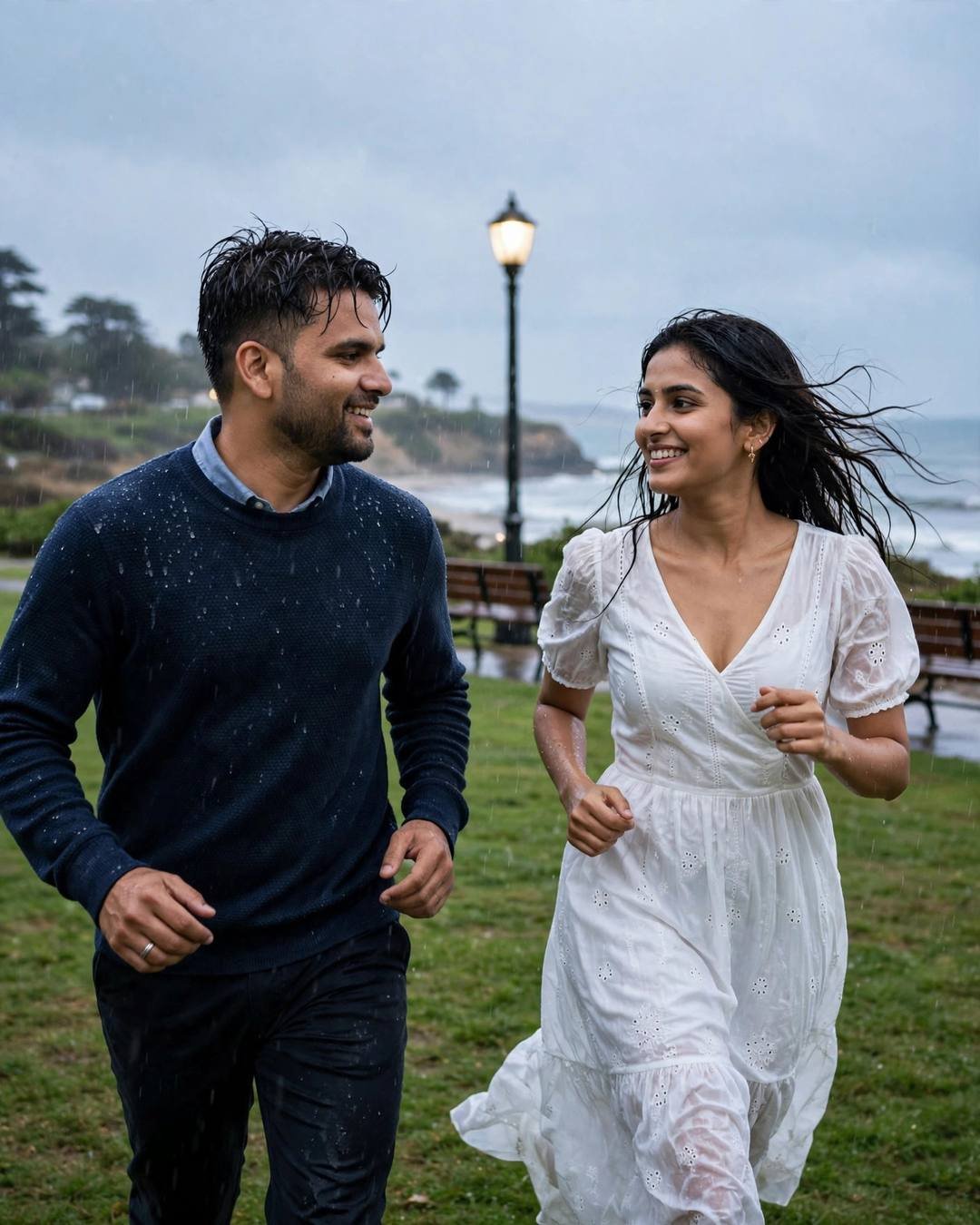 Couple running and laughing through light rain in a seaside park, man in navy sweater, woman in white dress