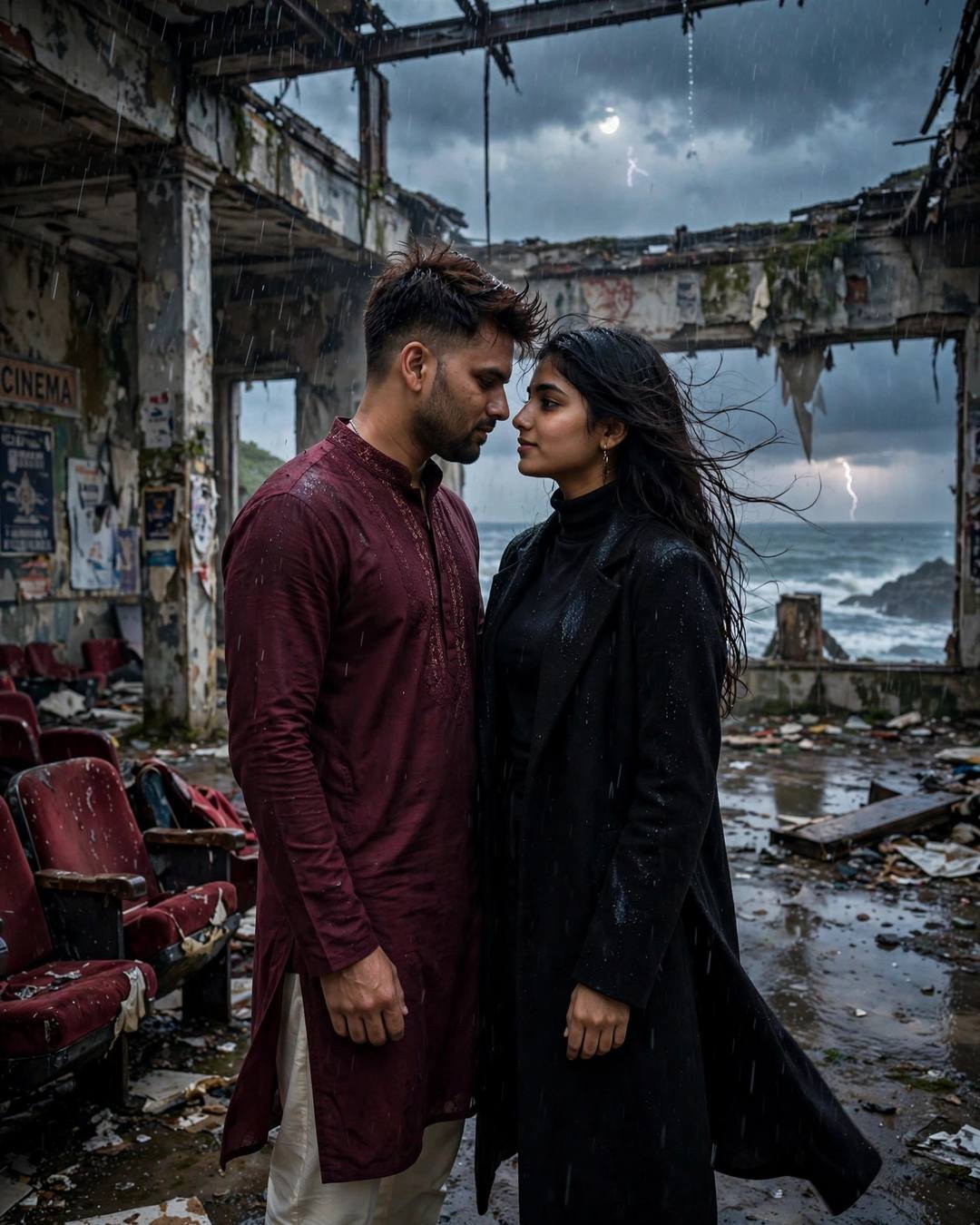 Couple standing face to face with foreheads almost touching in a roofless abandoned cinema during a monsoon storm