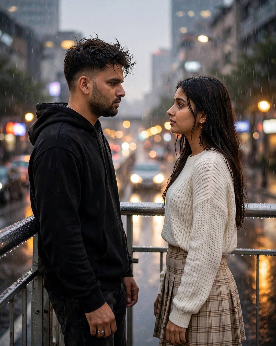 AI portrait of a young couple standing face to face on a rain-soaked bridge at golden hour, the man in a black hoodie and the woman in a cream knit top, city lights blurred behind them