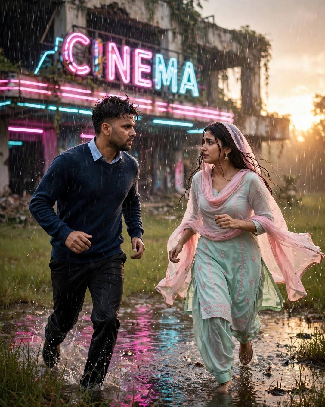 AI portrait of a young couple running toward each other through heavy monsoon rain in front of an abandoned cinema hall with a neon CINEMA sign glowing pink and cyan